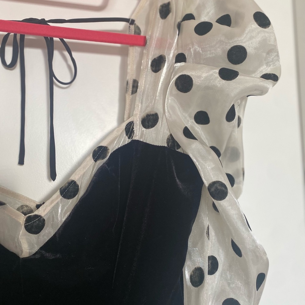 For Love And Lemons Black Velvet Mini Dress with Polka Dot Sleeves - Picture 4 of 8